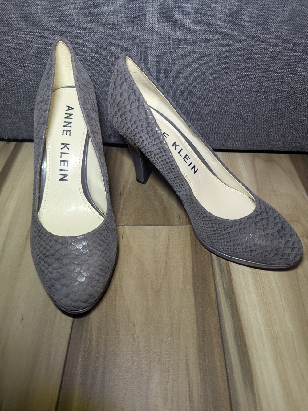 Anne Klein Gray Snake-Embossed Pumps